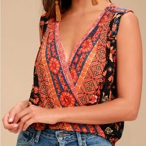 Free People Havana Black Floral Print Sleeveless Surplice Top Size Large